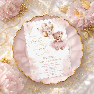 Invitation On Attend Bientôt Ourson Rose Fille Baby Shower