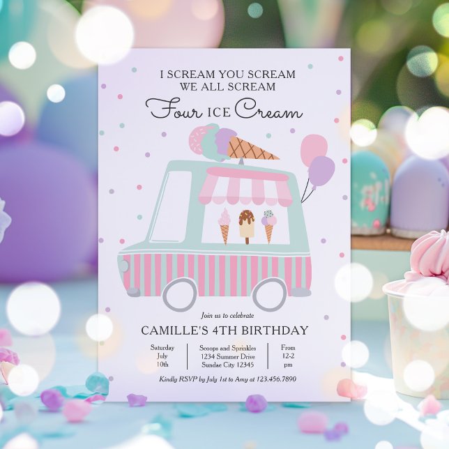 Invitation On hurle tous Four Ice Cream 4th Birthday Party (Créateur téléchargé)