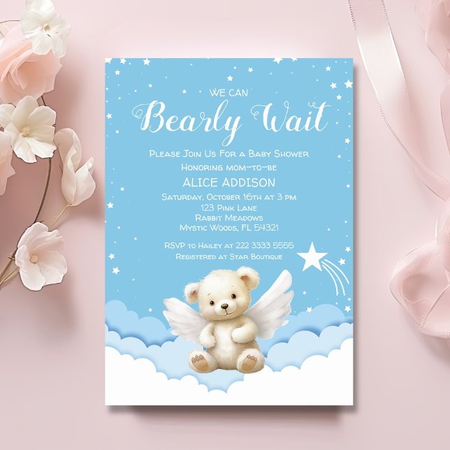 Invitation On Peut Attendre Ange Teddy Ours Bébé Bleu (Créateur téléchargé)