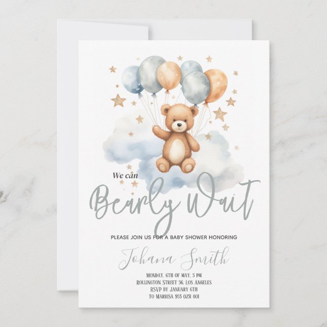Invitation On peut attendre avant le Baby shower de l'ours bl (Devant)