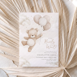 Invitation On peut attendre ! Baby shower Bear Balloon Beige