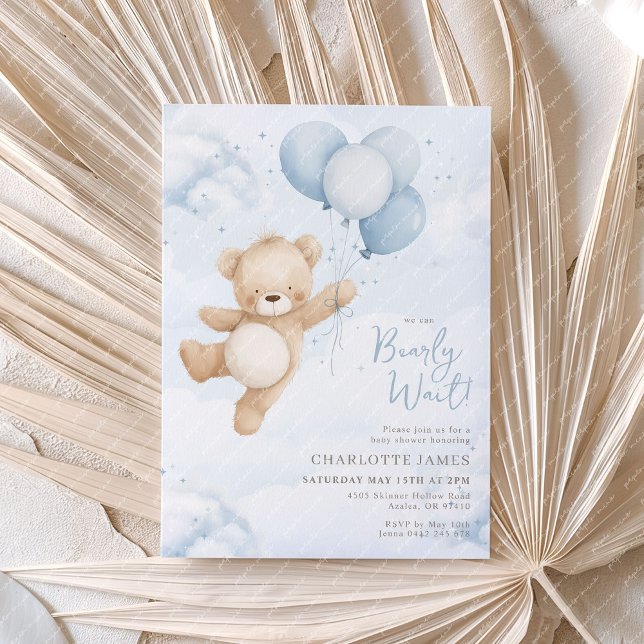 Invitation On peut attendre ! Baby shower Bear Blue Balloon (We can Bearly Wait! Baby Shower invitation with bear and blue balloons)