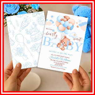 Invitation On Peut Attendre   Baby shower Blue Boy Bear Cub