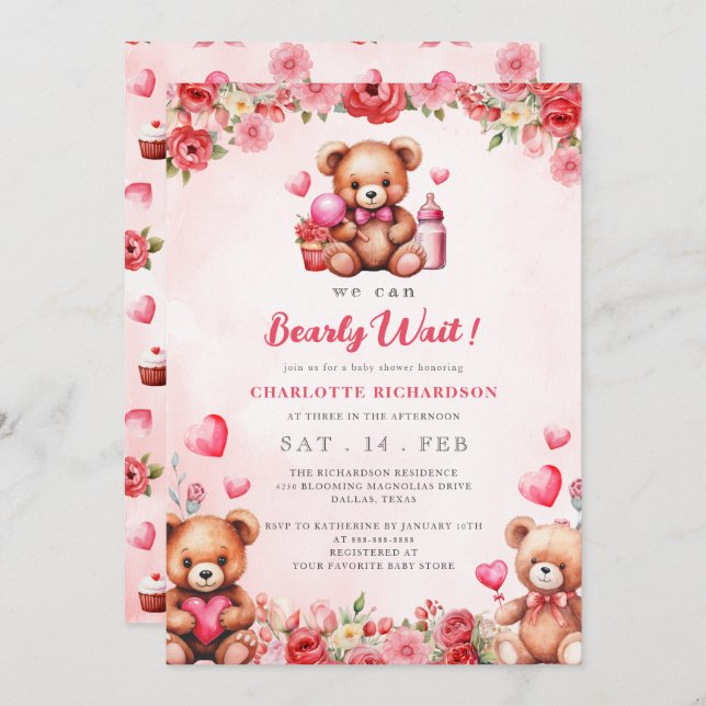 Invitation On Peut Attendre Baby shower Floral Teddy Bear (Devant / Derrière)