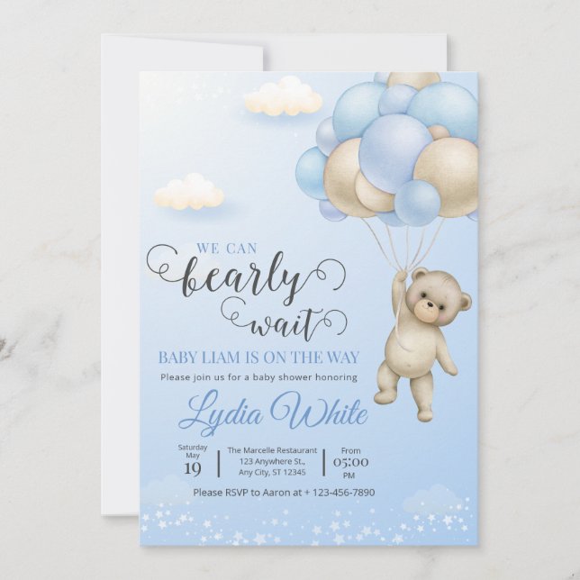 Invitation On Peut Attendre Baby shower Garçon Teddy Ours (Devant)