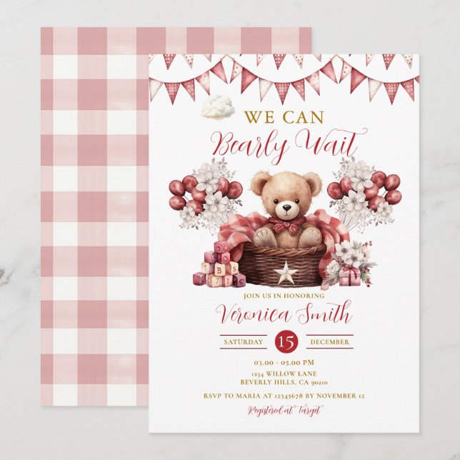Invitation On Peut Attendre Baby shower Rouge Floral Balloon (Devant / Derrière)