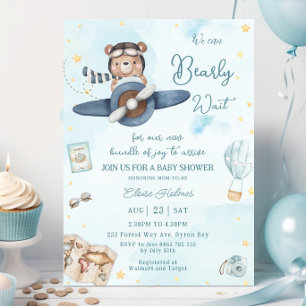 Invitation On peut attendre Bear Blue Plane Baby shower garço