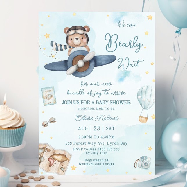 Invitation On peut attendre Bear Blue Plane Baby shower garço (aviation-cute-bear-riding-a-blue-plane-boy-baby-shower-we-can-bearly-wait-adventure-invitation-cards)