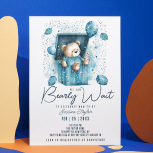 Invitation On Peut Attendre Bearly Blue Box Bear Boy Baby sho