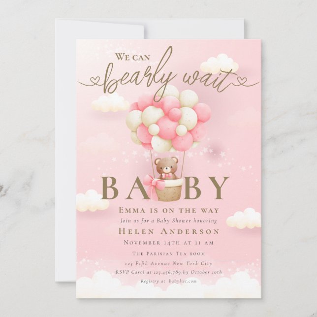 Invitation On peut attendre bébé fille Teddy ours rose bébé (Devant)