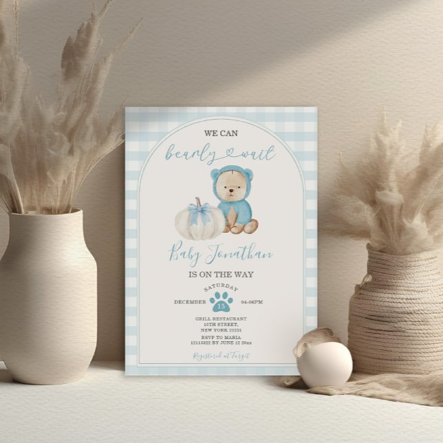 Invitation On peut attendre blanc bleu En vichy Baby shower (Créateur téléchargé)