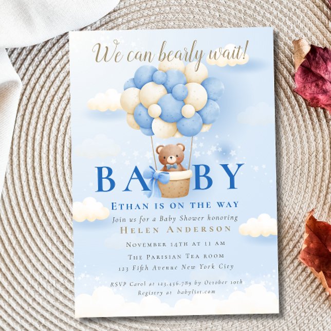Invitation On peut attendre bleu Teddy Bear Baby shower (We can Bearly Wait Blue Teddy Bear Baby Shower Invitation)