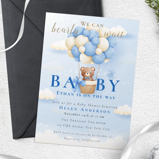 Invitation On peut attendre bleu Teddy Bear Baby shower (Teddy Bear Balloon Boy Bearly Wait Baby Shower Invitation)