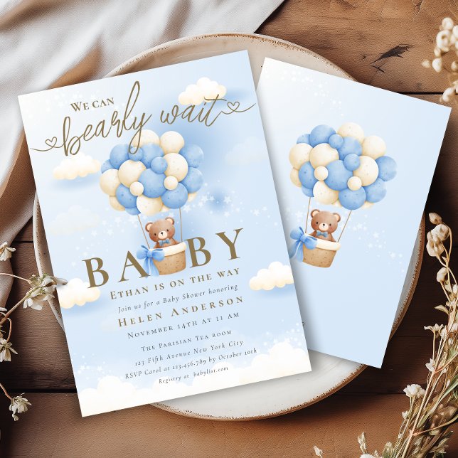 Invitation On peut attendre bleu Teddy Bear Baby shower (Créateur téléchargé)