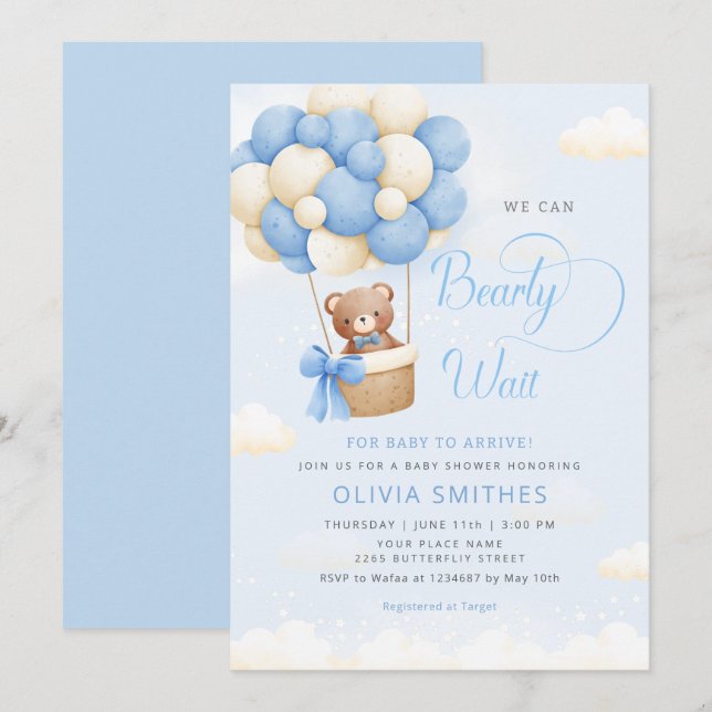 Invitation On peut attendre bleu Teddy Bear Baby shower garço (Devant / Derrière)