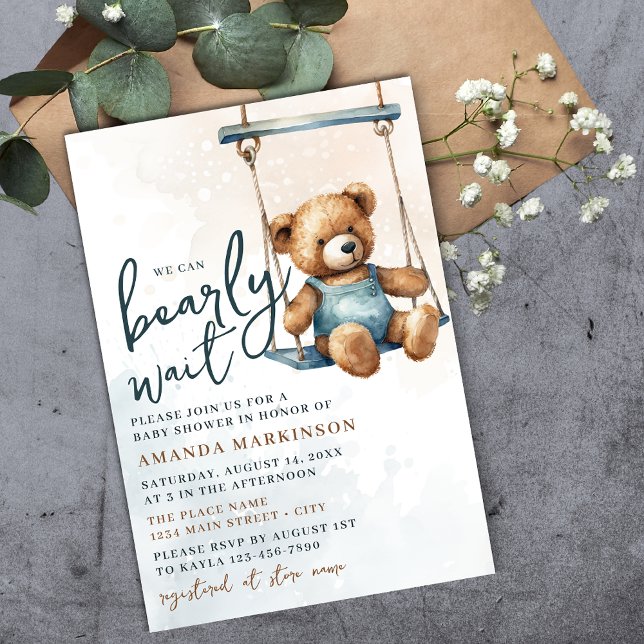 Invitation On peut attendre Denim Teddy Bear Baby shower (Créateur téléchargé)