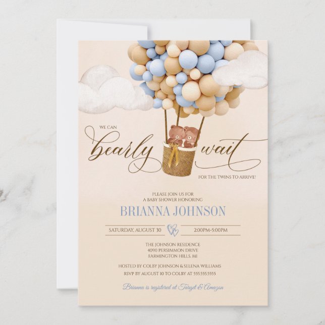 Invitation On Peut Attendre Des Ballons Baby shower Twin Boy (Devant)