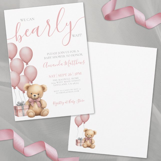 Invitation On peut attendre la fille Baby shower d'ours rose (We Can Bearly Wait Girl Pink Bear Baby Shower Invitation)
