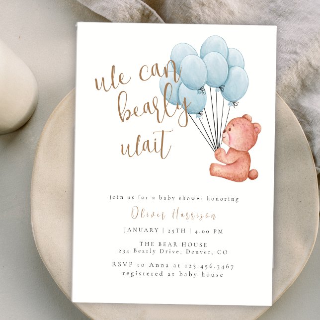 Invitation On Peut Attendre Le Baby shower Bleu Balloon (Cute We Can Bearly Wait Blue Balloon Baby Shower Invitation)