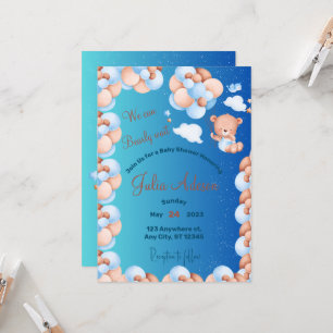 Invitation On peut attendre le Baby shower Bleu Balloon Boy