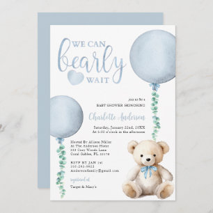 Invitation On peut attendre le Baby shower bleu Eucalyptus