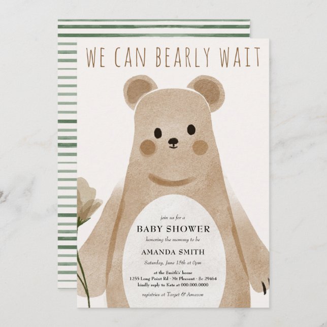 Invitation On peut attendre le Baby shower Boho Ours (Devant / Derrière)