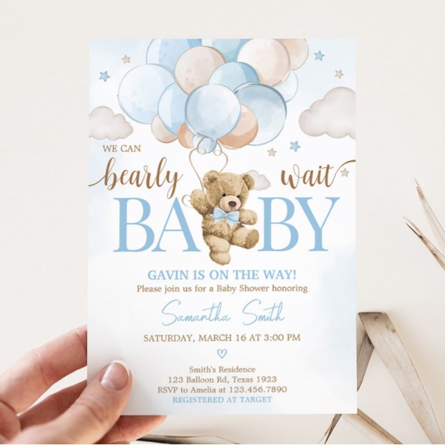 Invitation On peut attendre le Baby shower de ballon de l'our (Teddy Bear Balloon Baby Shower Invitation)