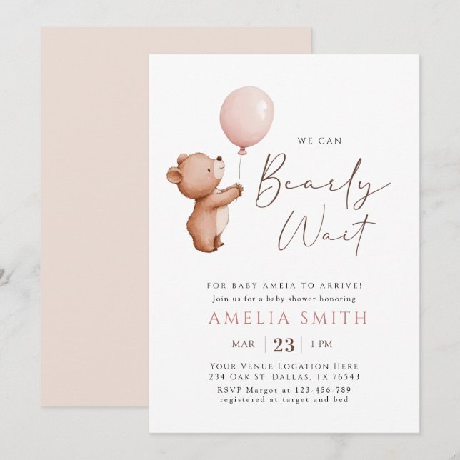 Invitation On Peut Attendre Le Baby shower De Ballons Ours En (Devant / Derrière)