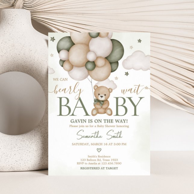 Invitation On peut attendre le Baby shower de Boho Vert (Green Boho Teddy Bear Baby Shower Invitation )