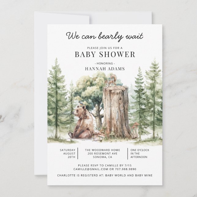 Invitation On peut attendre le Baby shower de forêt d'ours (Devant)