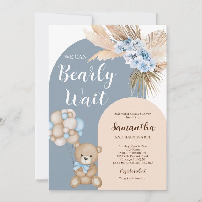 Invitation On peut attendre le Baby shower de garçon (Devant)