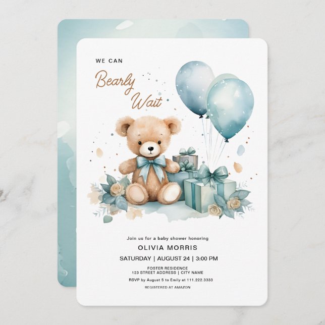 Invitation On peut attendre le Baby shower de garçon (Devant / Derrière)