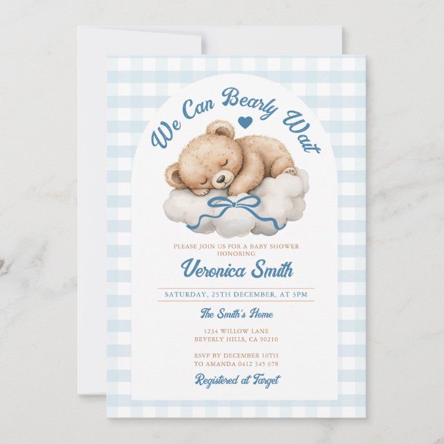Invitation On peut attendre le Baby shower de Garçon Bleu Bow (Devant)