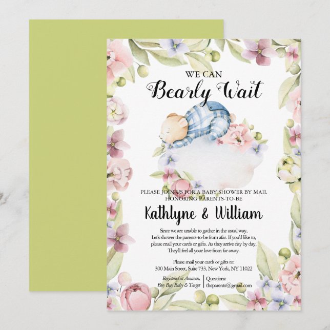 Invitation On peut attendre le Baby shower de l'ours garçon p (Devant / Derrière)