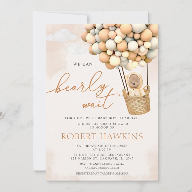Invitation On Peut Attendre Le Baby shower De L'Ours Teddy Bo (Devant)