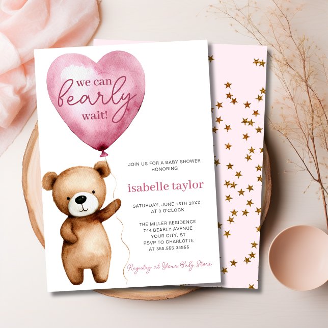 Invitation On peut attendre le Baby shower des filles (we can bearly wait, pink girl baby shower invitation 5 x 7)