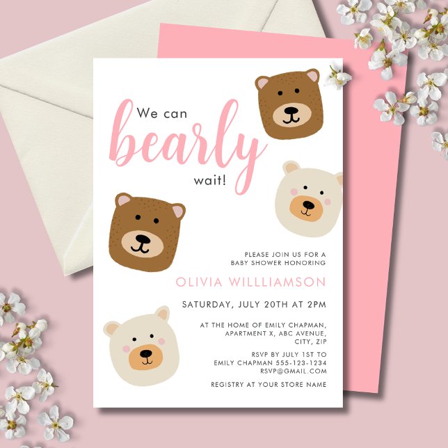 Invitation On peut attendre le Baby shower des filles roses (We can bearly wait, cute teddy bear baby shower invitation with girl text for baby girl.)