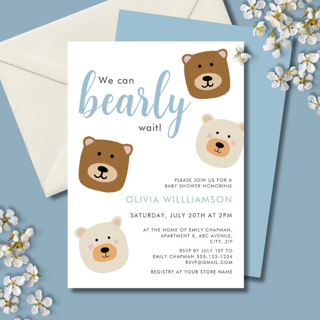 Invitation On peut attendre le Baby shower des garçons (We can bearly wait, cute teddy bear baby shower invitation with blue text for baby boy.)