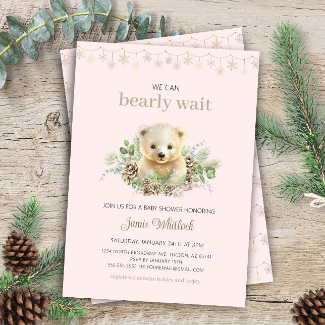 Invitation On peut attendre le Baby shower d'hiver rose fille (cute pink whimsical christmas we can bearly wait winter baby shower invitation with boho vibes)