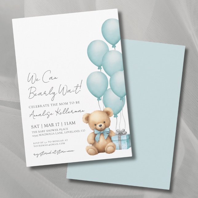 Invitation On peut attendre le Baby shower d'ours bleu (We Can Bearly Wait Blue Bear Baby Shower Invitation)