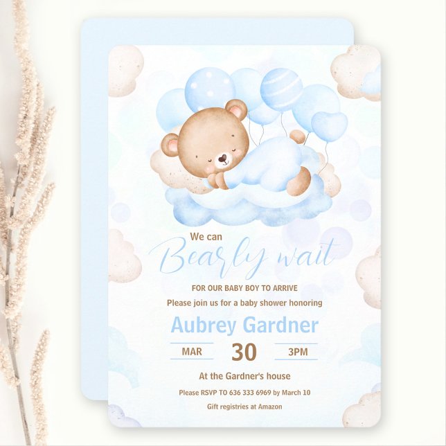 Invitation On peut attendre le Baby shower d'ours bleu garçon (We Can Bearly Wait Boy Blue Bear Baby Shower Invitation)