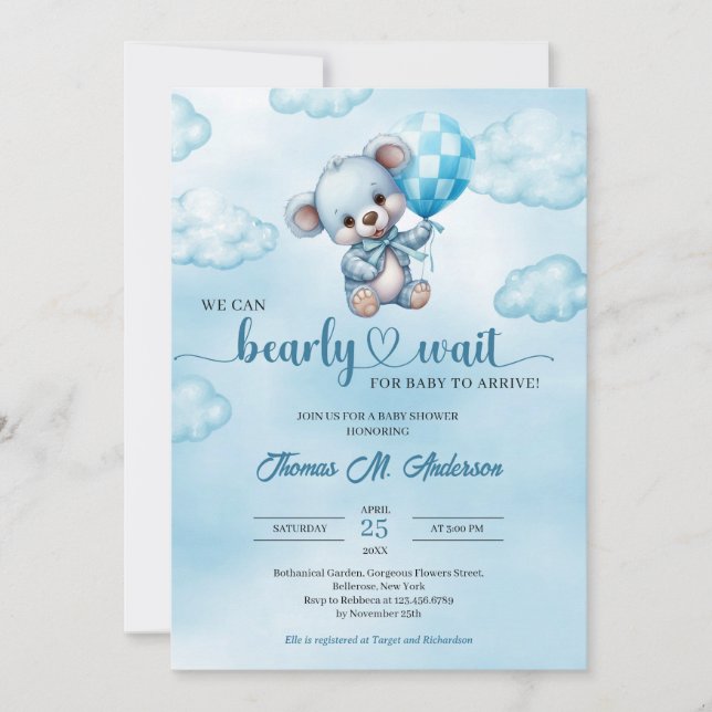 Invitation On peut attendre le Baby shower d'ours en peluche (Devant)