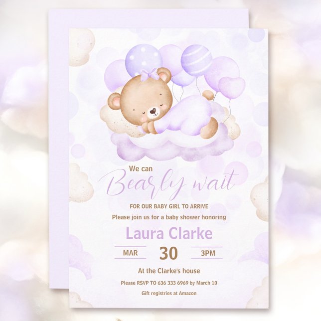 Invitation On Peut Attendre Le Baby shower D'Ours Fille Lavan (We Can Bearly Wait Lavender Girl Bear Baby Shower Invitation)