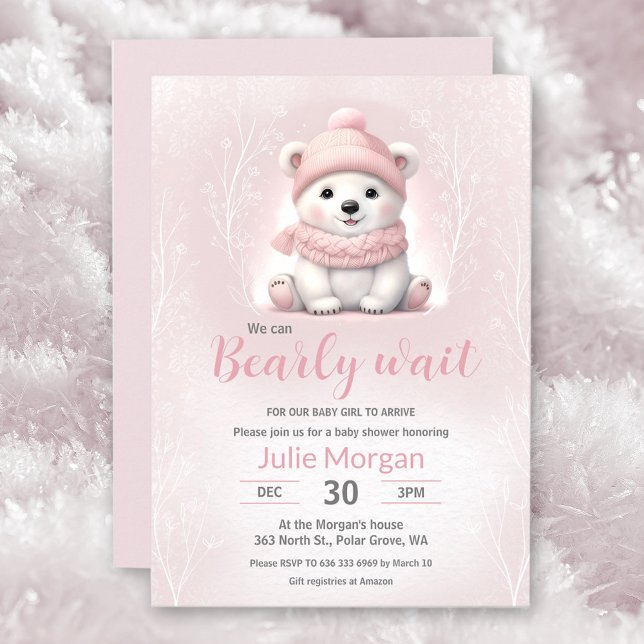 Invitation On Peut Attendre Le Baby shower D'Ours Rose Polair (We Can Bearly Wait Pink Polar Bear Baby Shower Invitation)