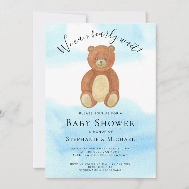 Invitation On peut attendre le Baby shower d'un couple (Devant)