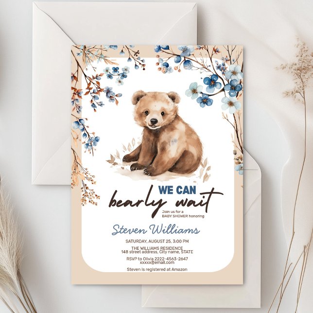 Invitation On peut attendre le Baby shower floral bleu (Cute bear with rustic blue flowers baby shower invitation)