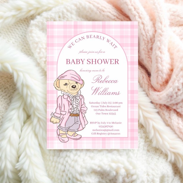 Invitation On peut attendre le baby shower plaid classique ro (We can bearly wait pink classic plaid teddy bear girls baby shower invitation cards template)