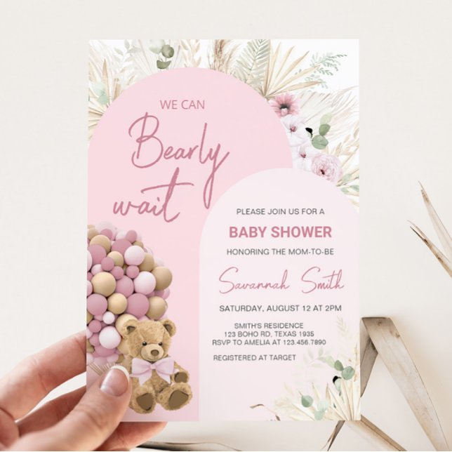 Invitation On peut attendre le Baby shower rose (Pink Boho Bear Baby Shower Invitation)