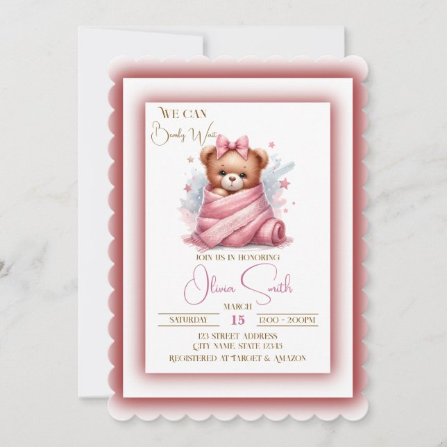 Invitation On peut attendre le Baby shower rose (Devant)