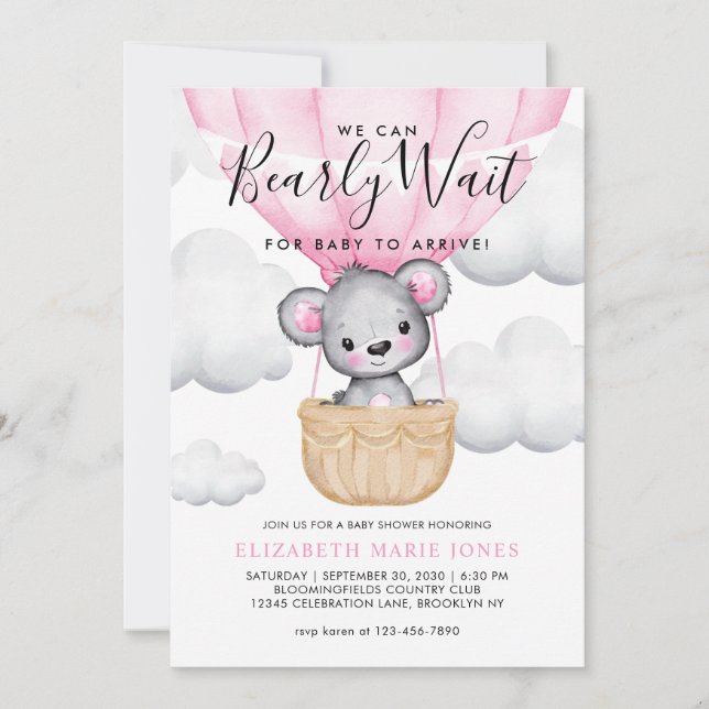 Invitation On Peut Attendre Le Baby shower Rose Balloon Girl (Devant)